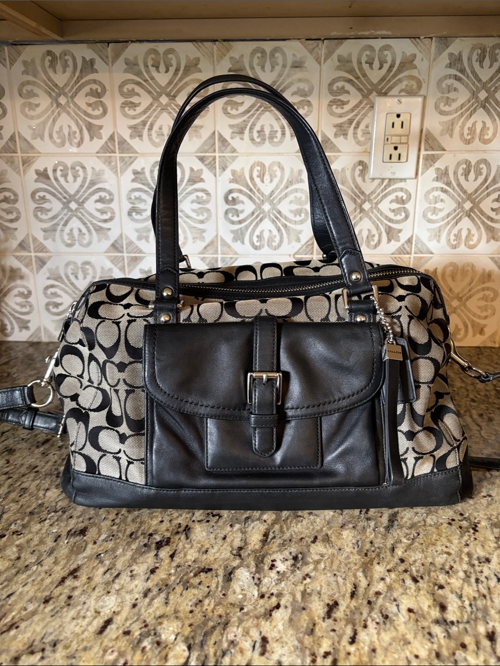 Coach Black Leather Trim Signature Canvas Shoulder Bag